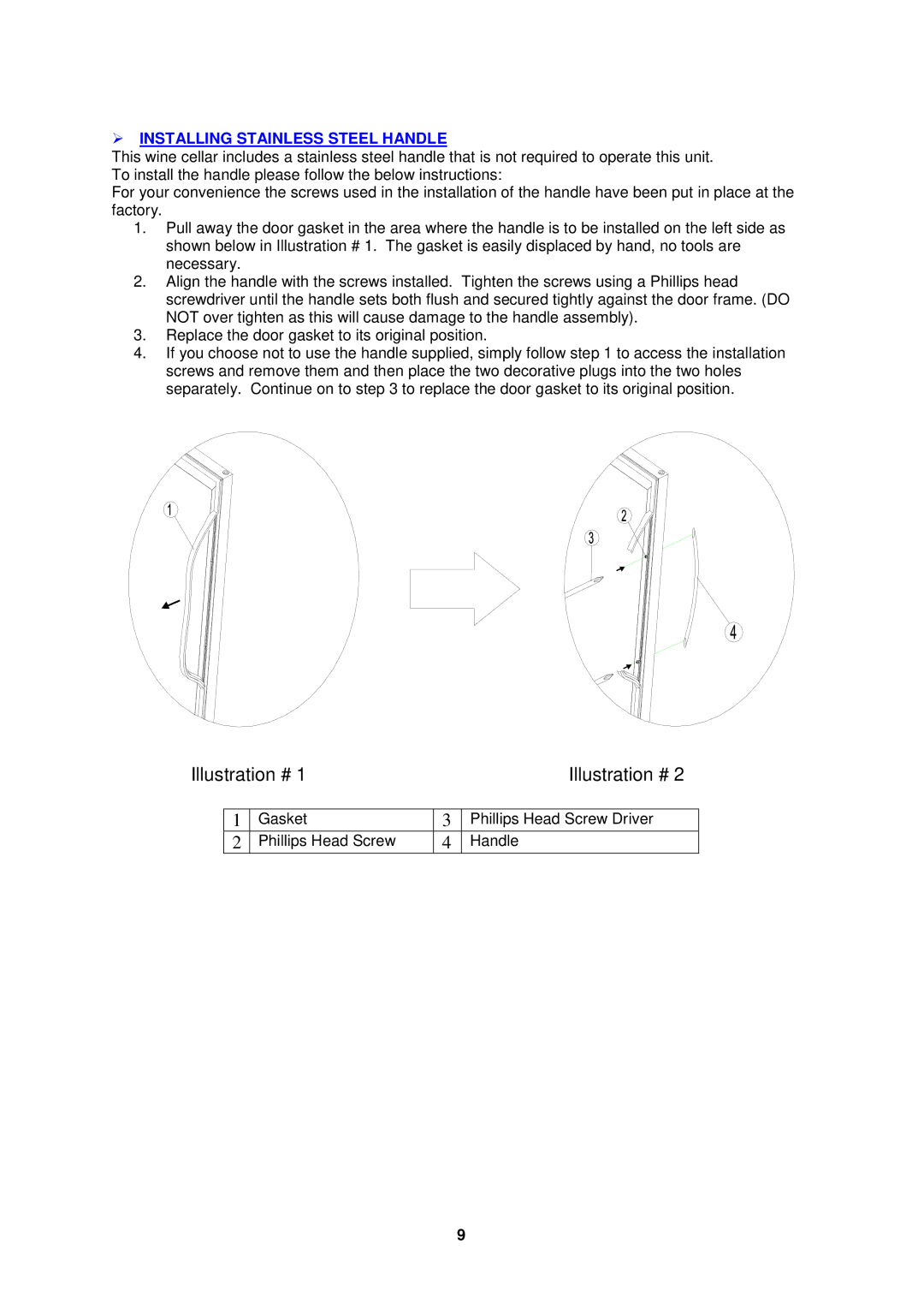 Avanti BCA1501SS instruction manual  Installing Stainless Steel Handle 