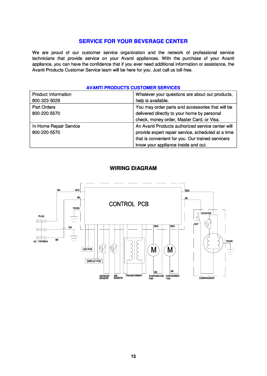 Avanti BCA1501SS instruction manual Service For Your Beverage Center, Wiring Diagram, Avanti Products Customer Services 