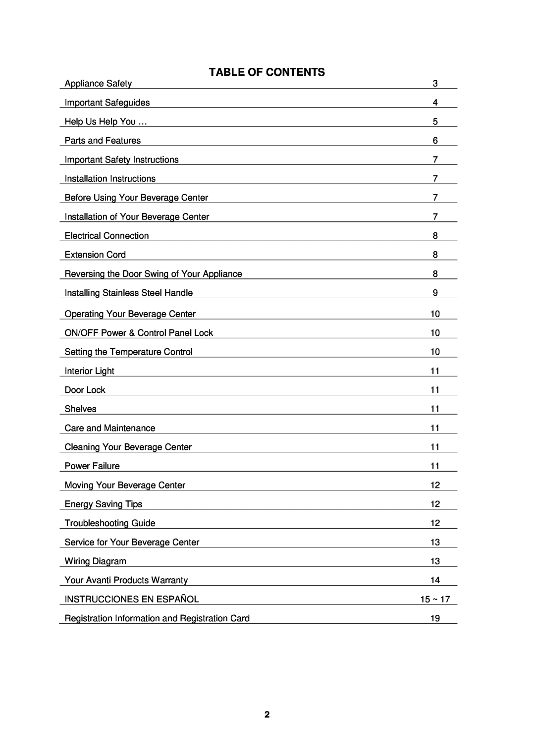 Avanti BCA1501SS instruction manual Table Of Contents 