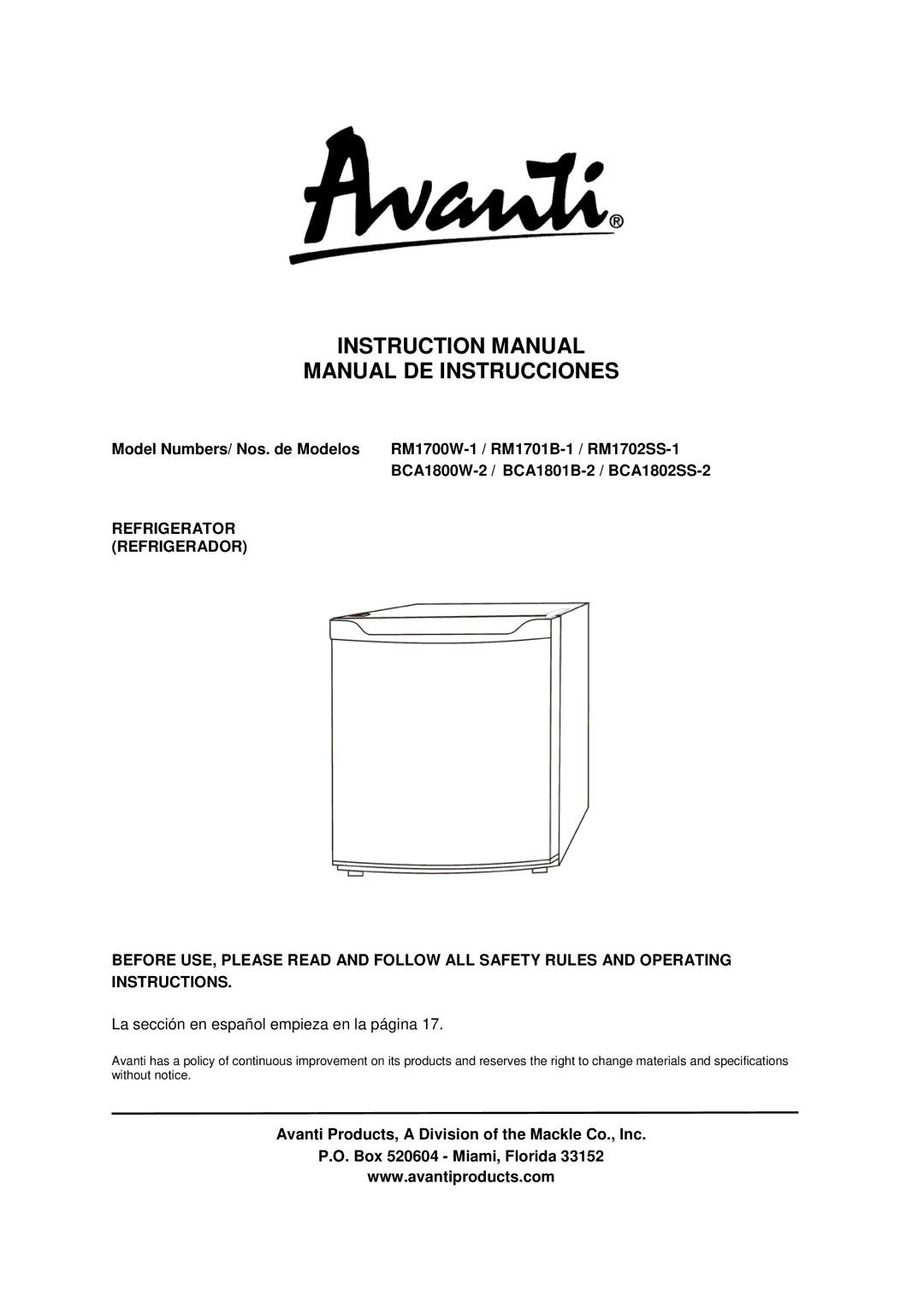 Avanti BCA1800W-2, BCA1802SS-2, BCA1801B-2, RM1700W1, RM1701B-1, RM1702SS-1 instruction manual Manual DE Instrucciones 