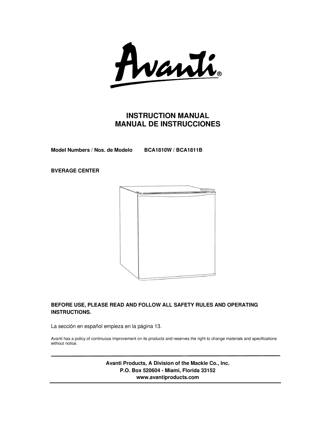 Avanti BCA1811B, BCA1810W instruction manual Manual DE Instrucciones 