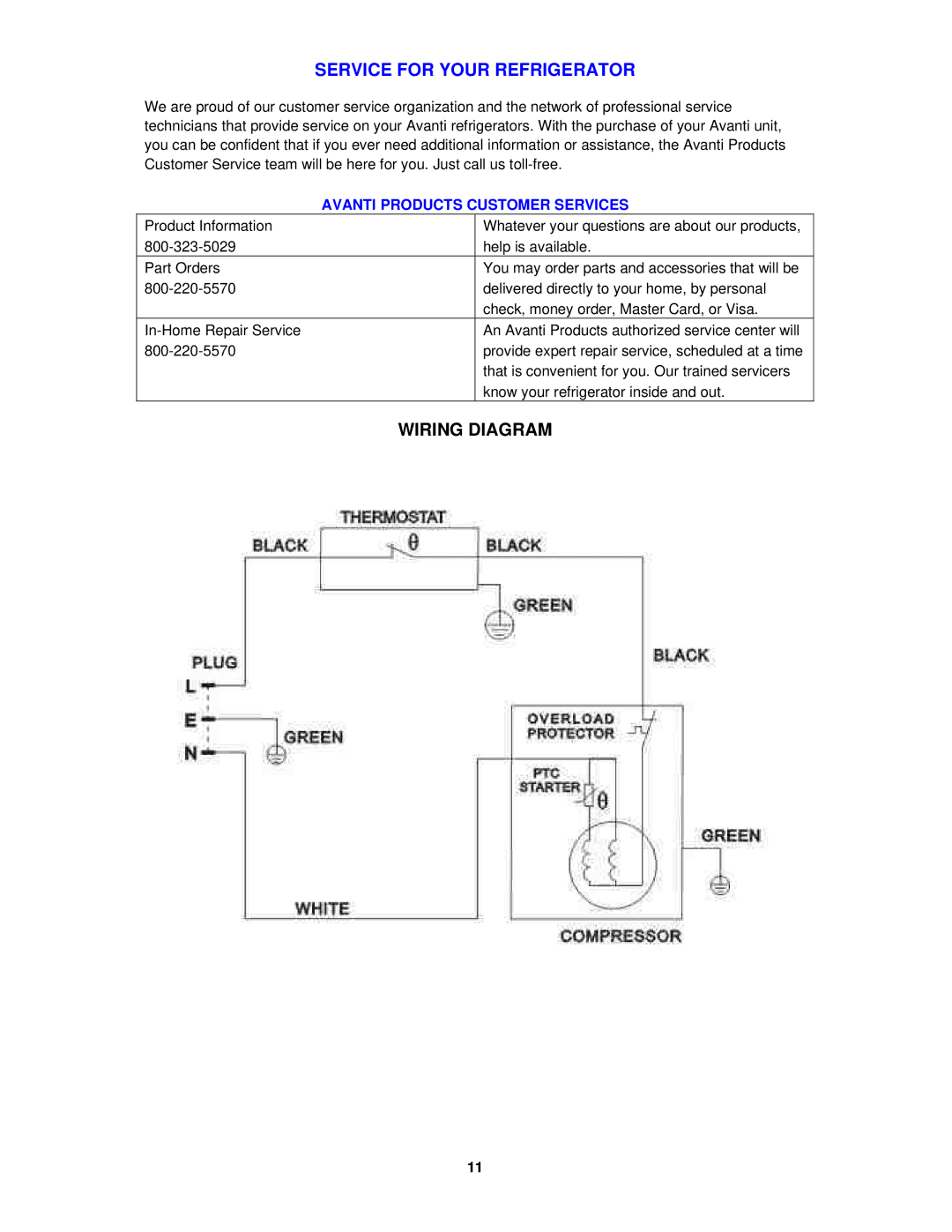 Avanti BCA1811B, BCA1810W instruction manual Service for Your Refrigerator, Wiring Diagram 