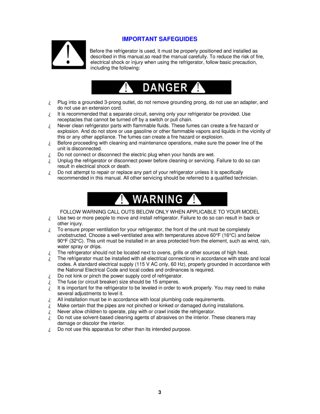 Avanti BCA1811B, BCA1810W instruction manual Important Safeguides 