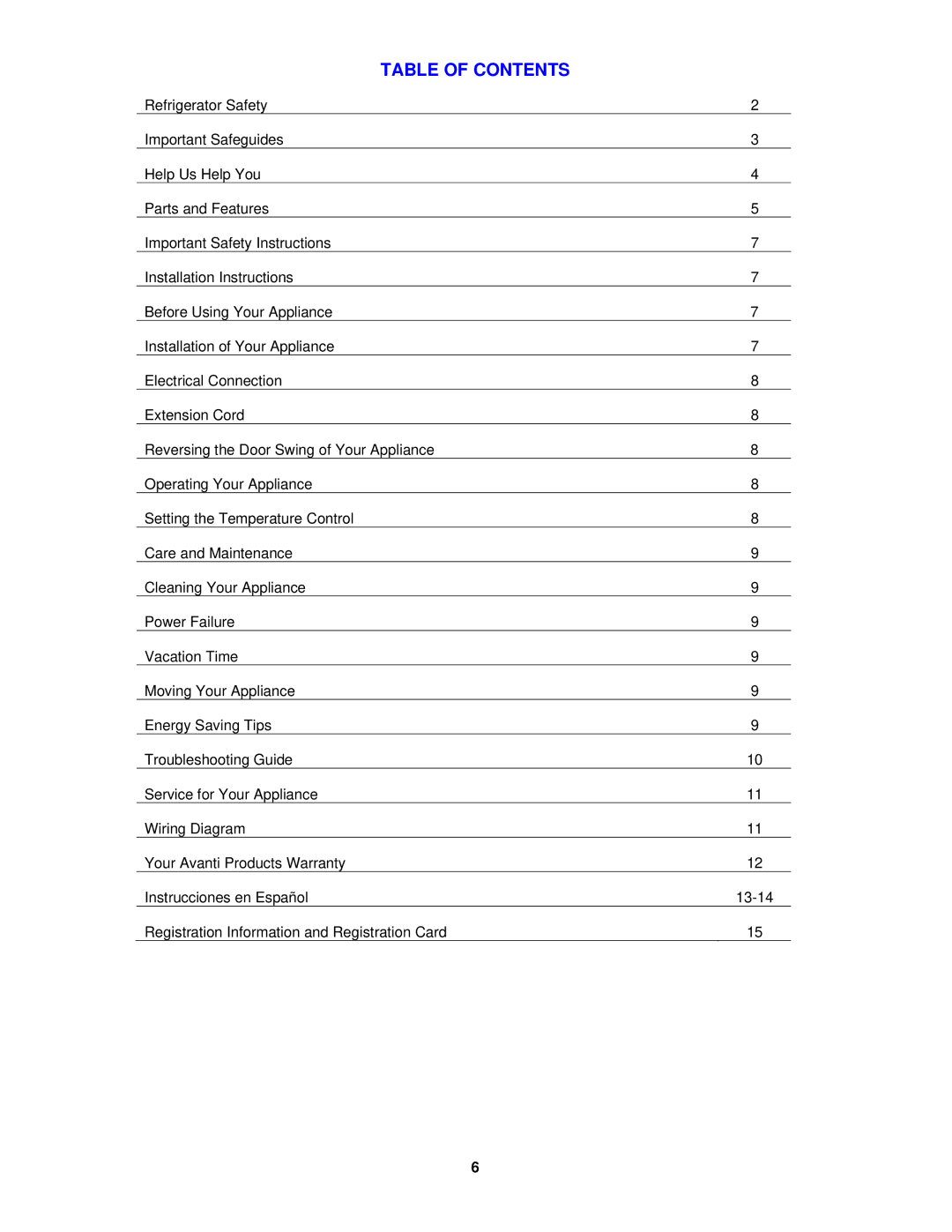 Avanti BCA1810W, BCA1811B instruction manual Table of Contents 