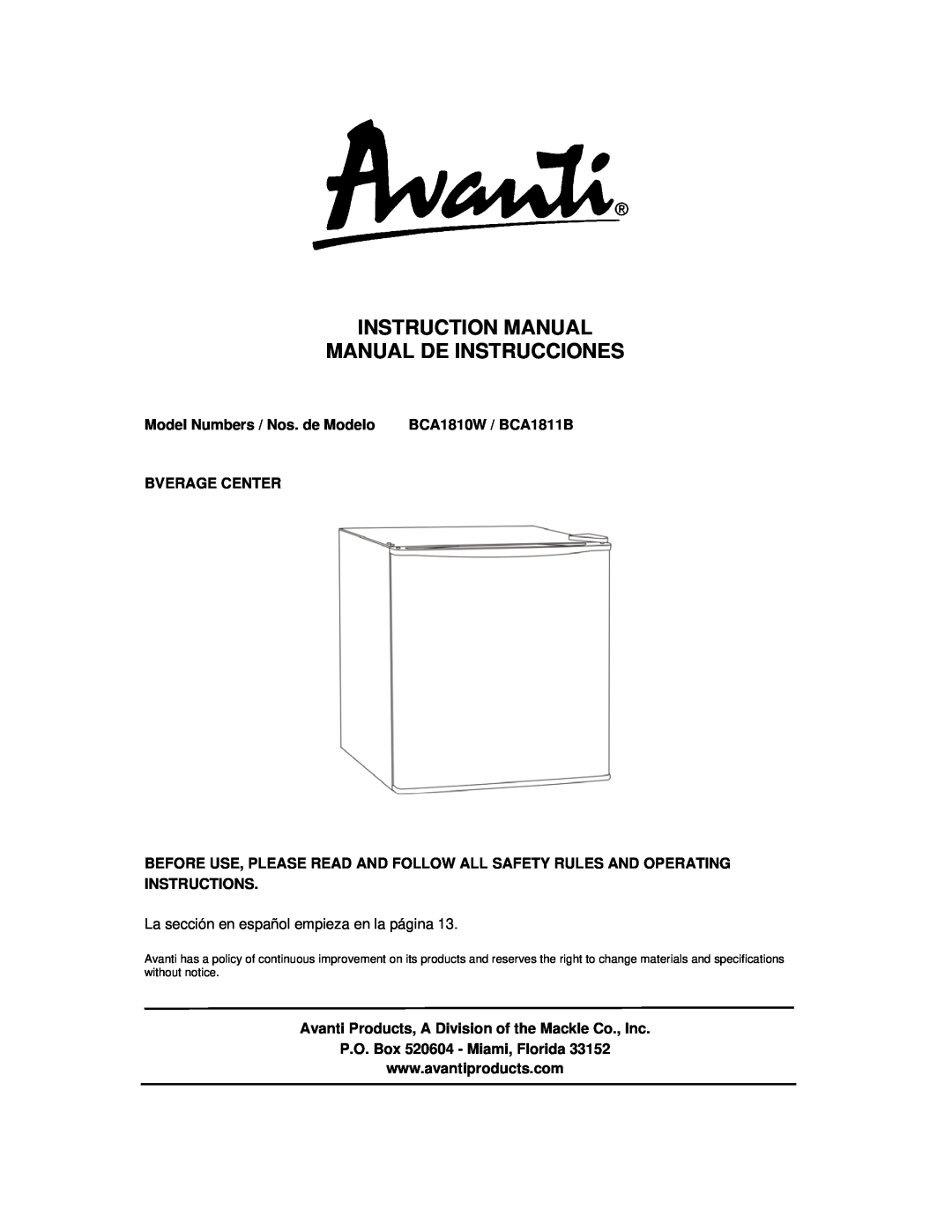Avanti BCA1811B, BCA1810W instruction manual 
