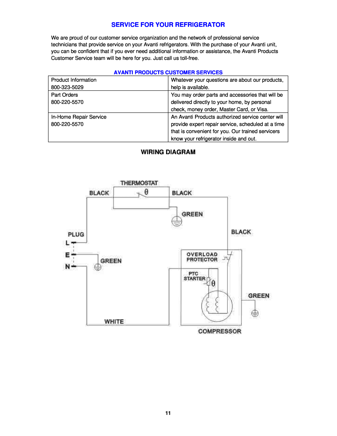 Avanti BCA1811B, BCA1810W instruction manual Service For Your Refrigerator, Wiring Diagram 