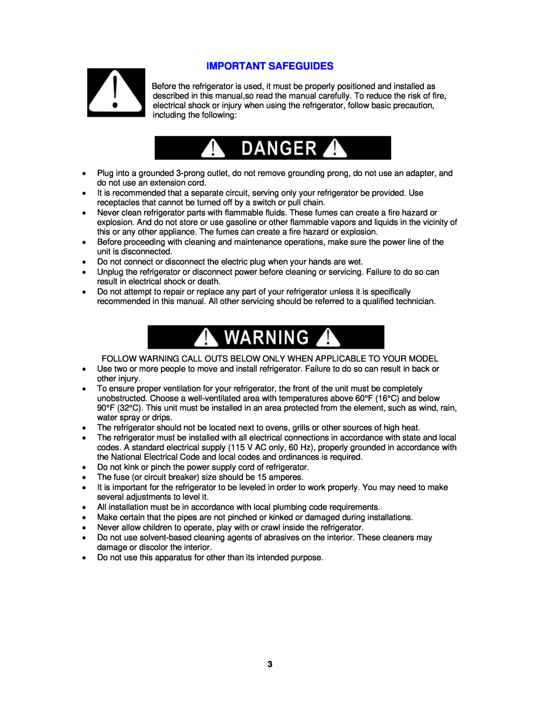 Avanti BCA1811B, BCA1810W instruction manual Important Safeguides 