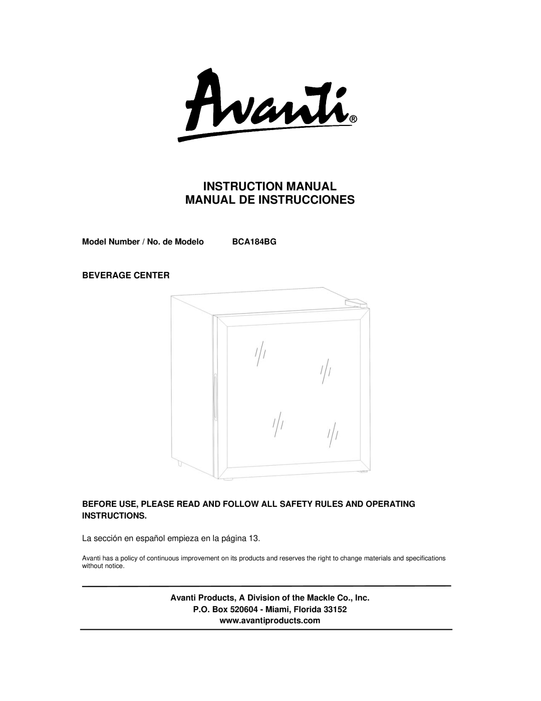 Avanti BCA184BG instruction manual Manual DE Instrucciones, Model Number / No. de Modelo 