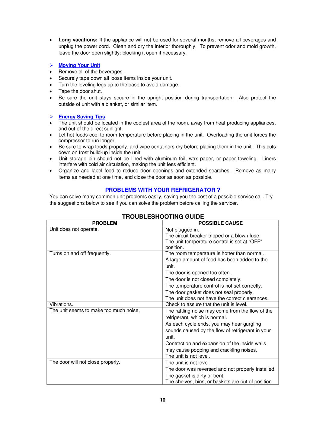 Avanti BCA184BG instruction manual  Moving Your Unit,  Energy Saving Tips 