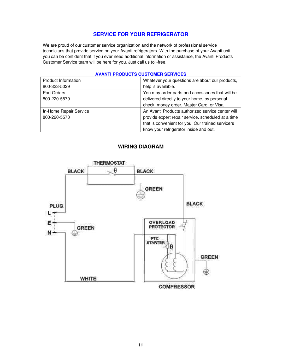 Avanti BCA184BG instruction manual Service for Your Refrigerator, Wiring Diagram 