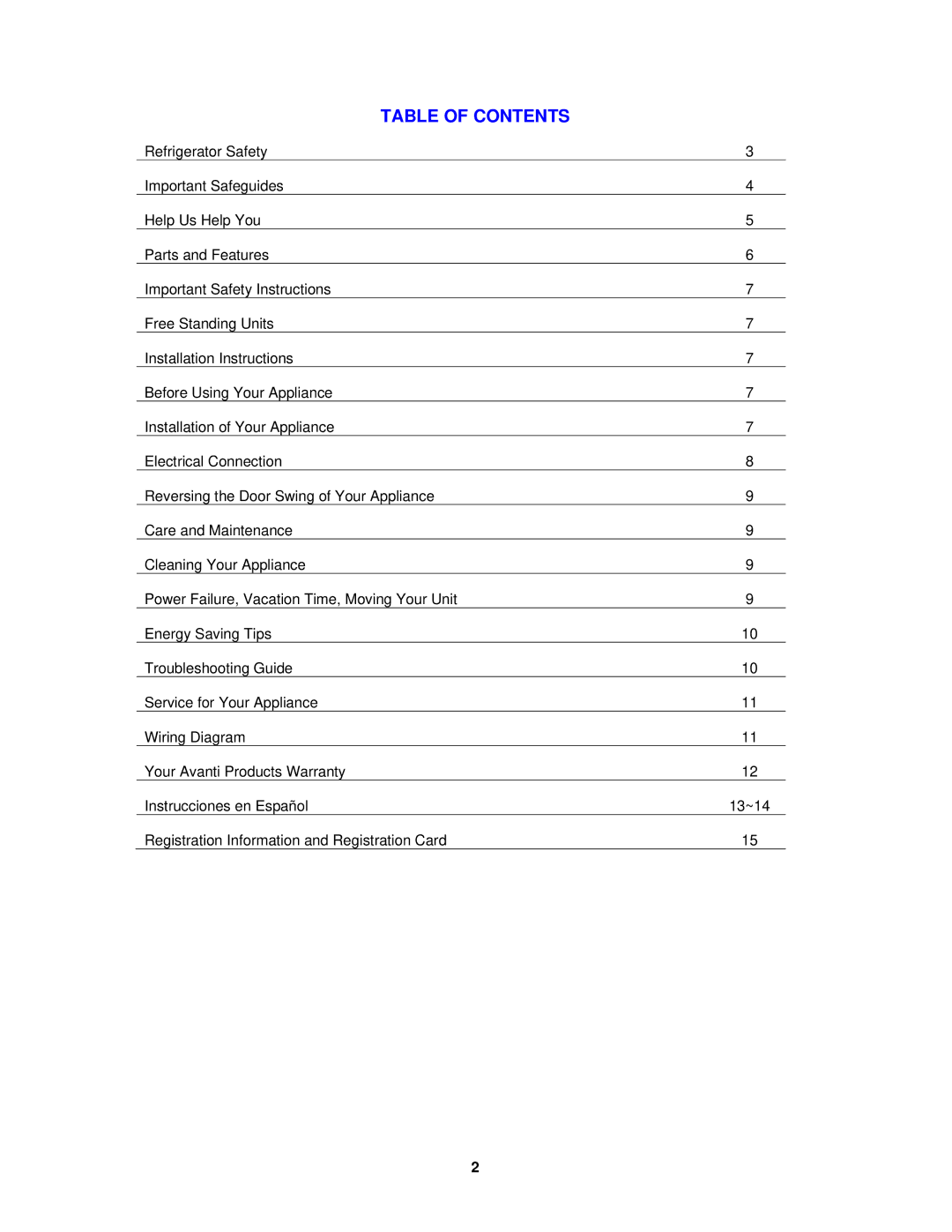 Avanti BCA184BG instruction manual Table of Contents 