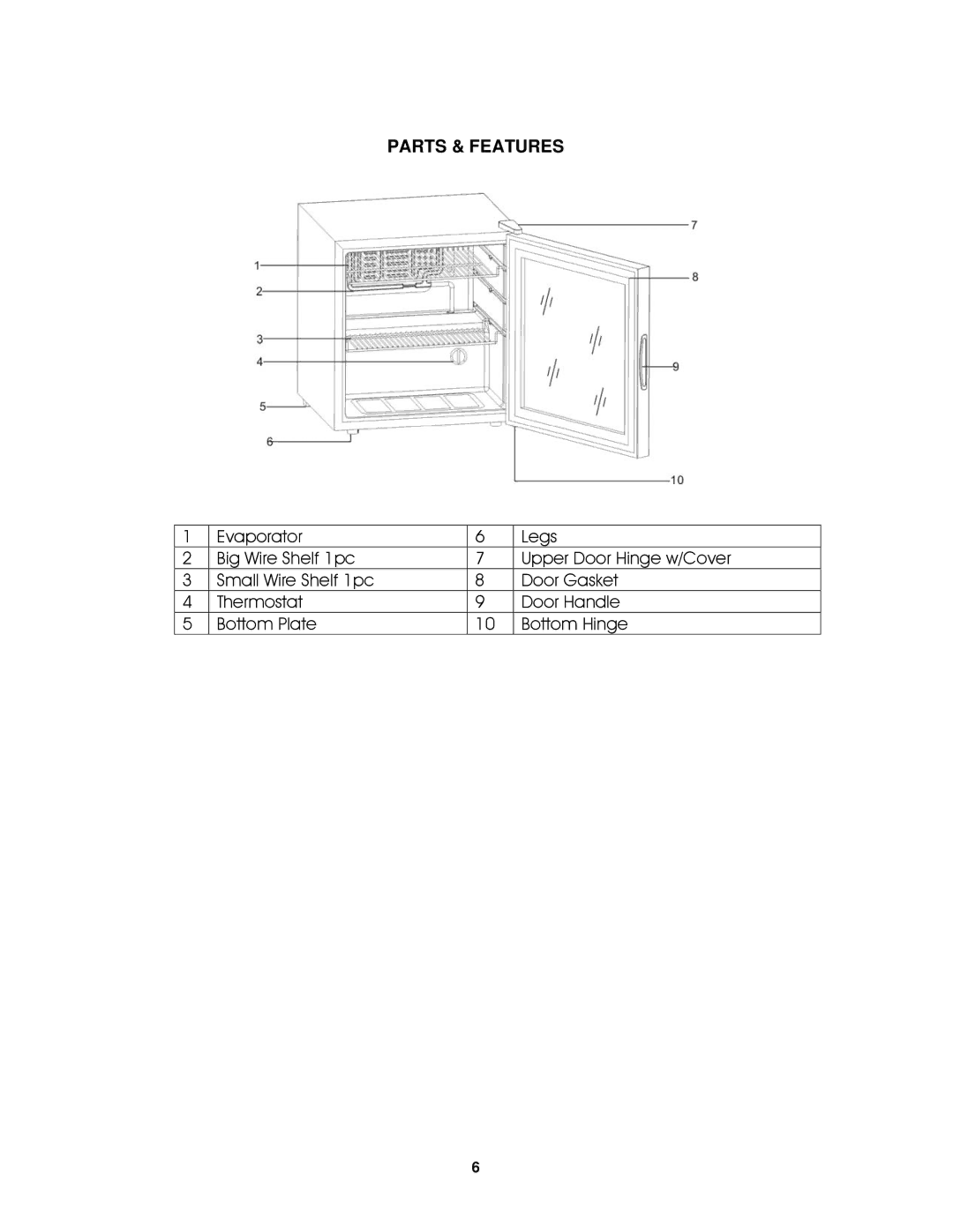 Avanti BCA184BG instruction manual Parts & Features 