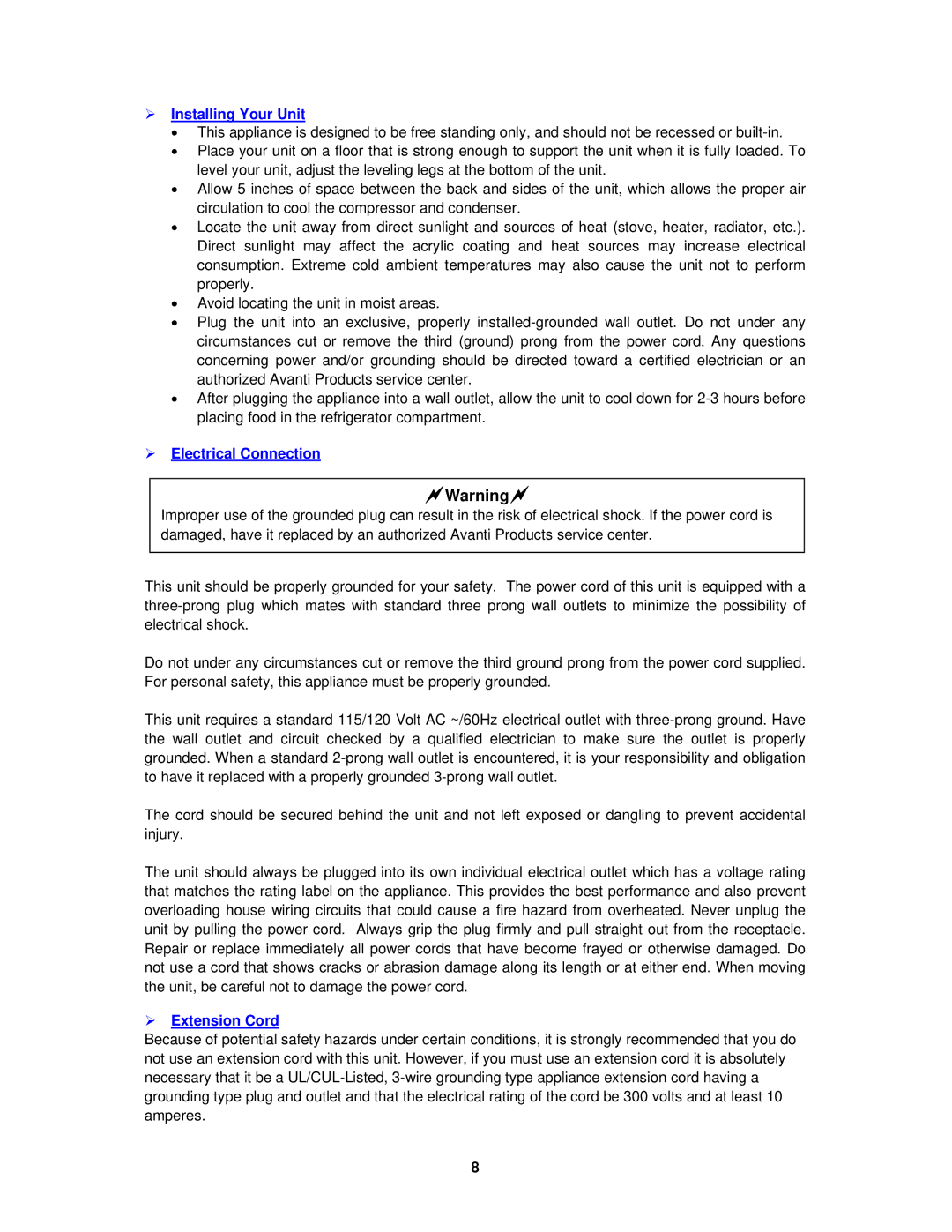 Avanti BCA184BG instruction manual  Installing Your Unit,  Electrical Connection,  Extension Cord 