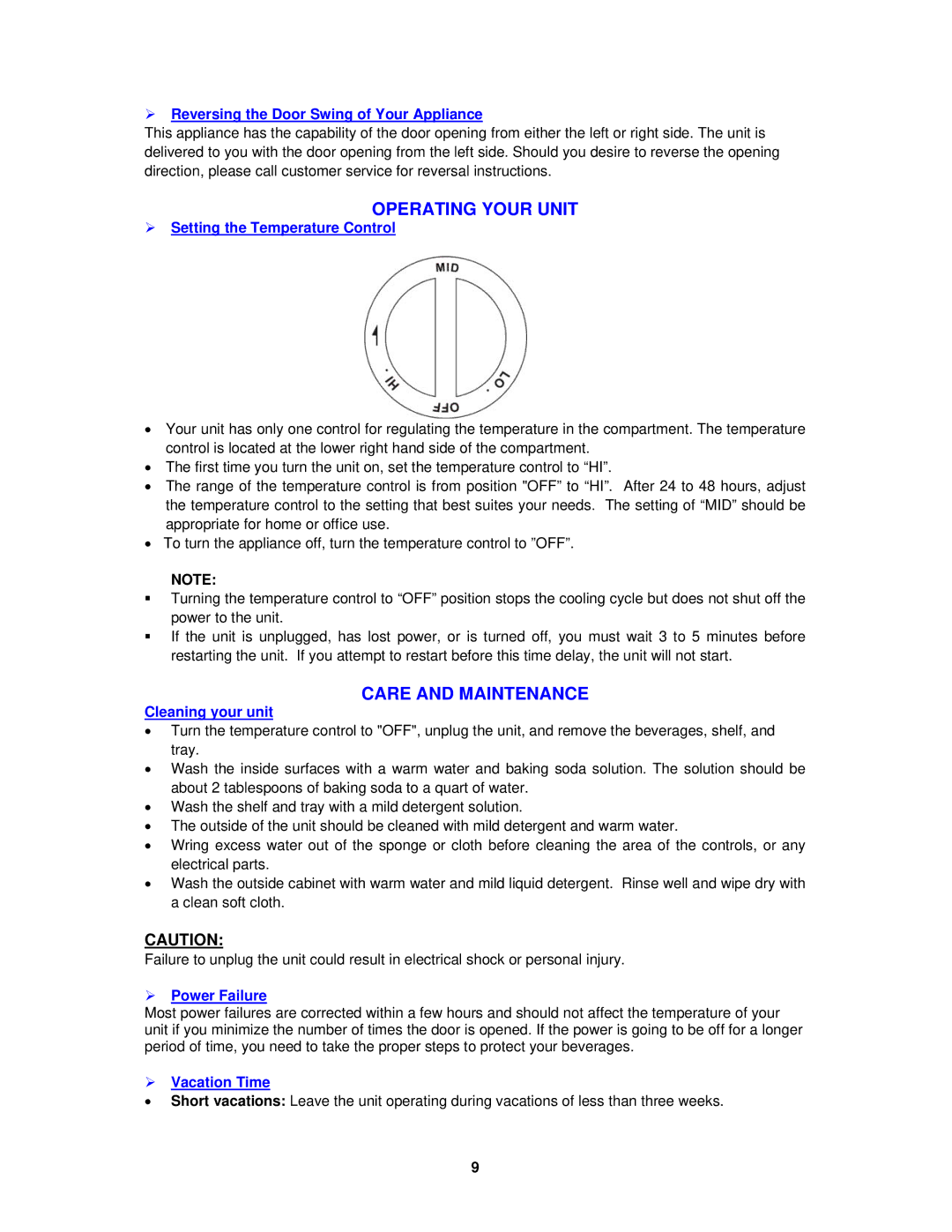 Avanti BCA184BG instruction manual Operating Your Unit, Care and Maintenance 