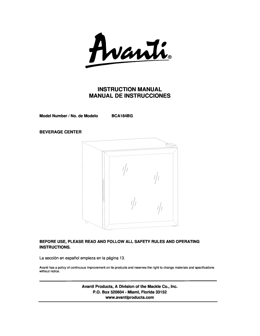 Avanti BCA184BG instruction manual Model Number / No. de Modelo, Beverage Center, P.O. Box 520604 - Miami, Florida 
