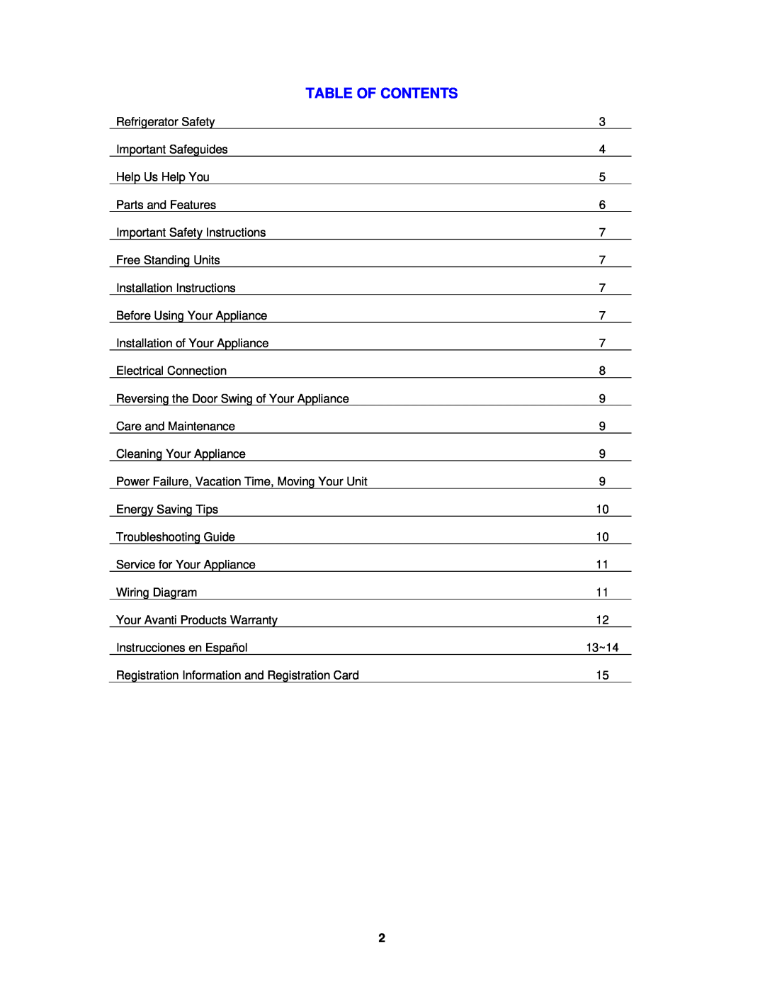 Avanti BCA184BG instruction manual Table Of Contents 