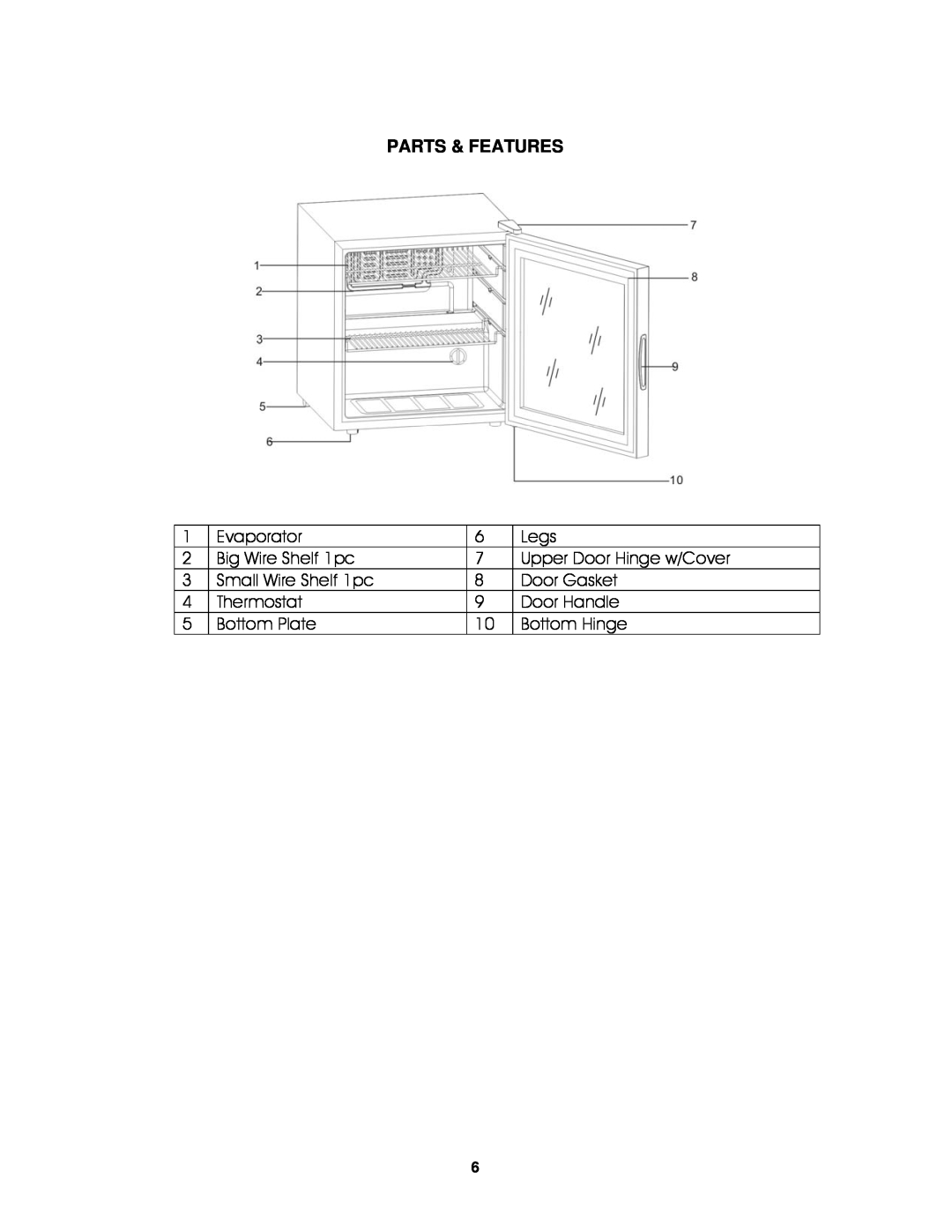 Avanti BCA184BG instruction manual Parts & Features 