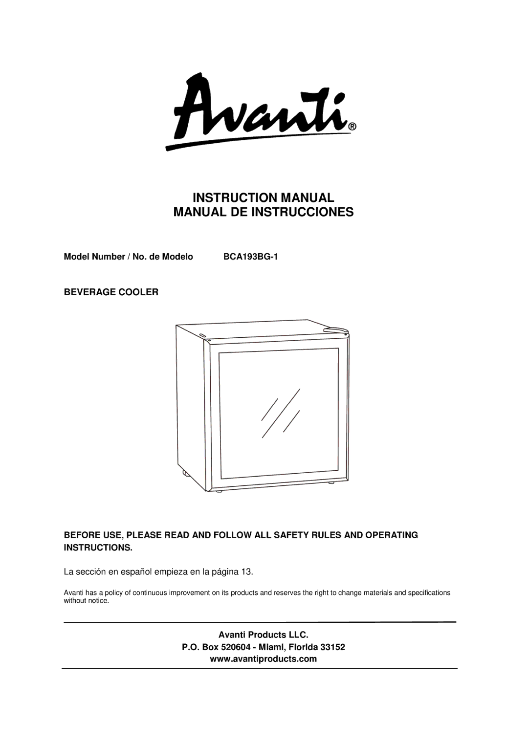 Avanti BCA193BG-1 instruction manual Manual DE Instrucciones 