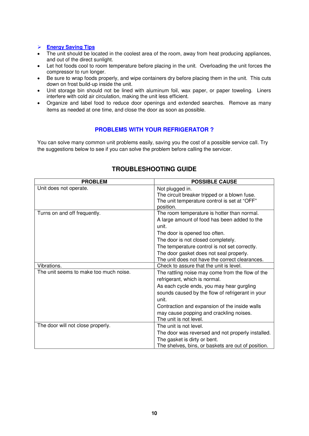 Avanti BCA193BG-1 instruction manual Troubleshooting Guide,  Energy Saving Tips 