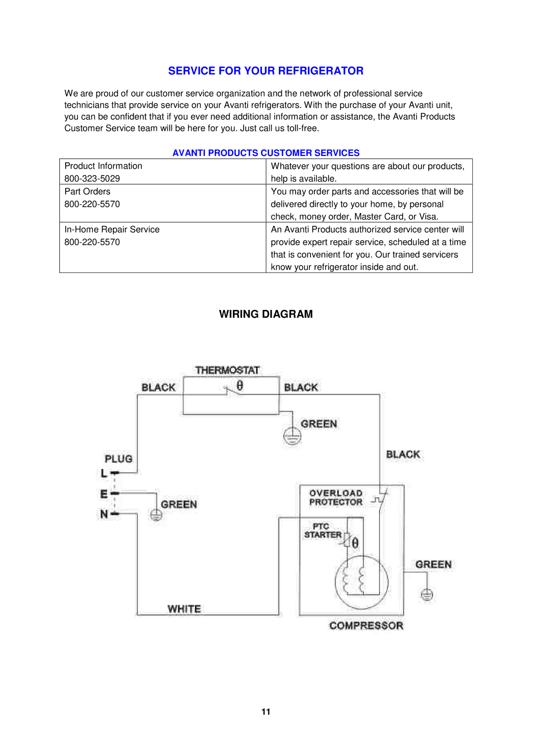 Avanti BCA193BG-1 instruction manual Service for Your Refrigerator, Wiring Diagram, Avanti Products Customer Services 