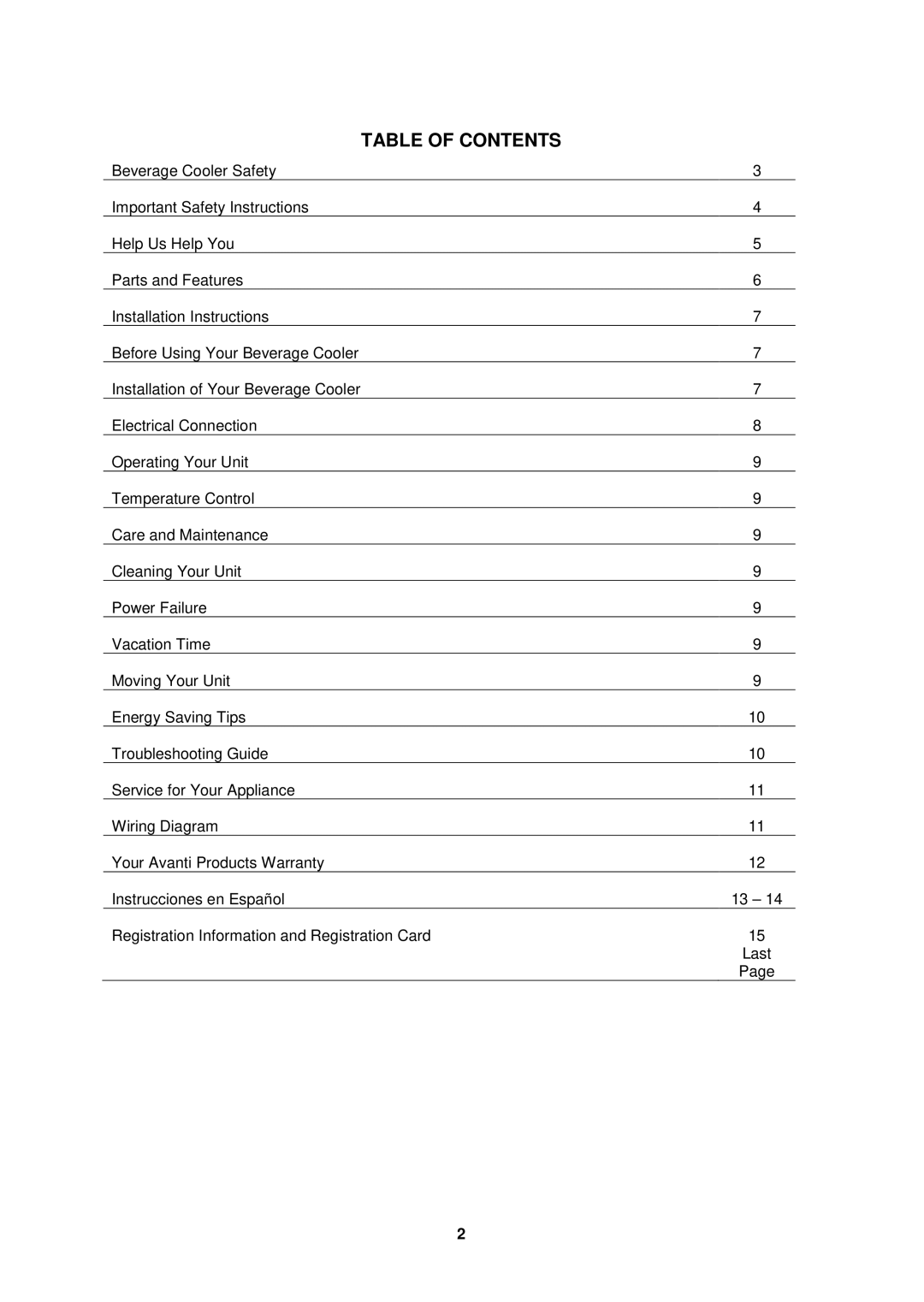 Avanti BCA193BG-1 instruction manual Table of Contents 