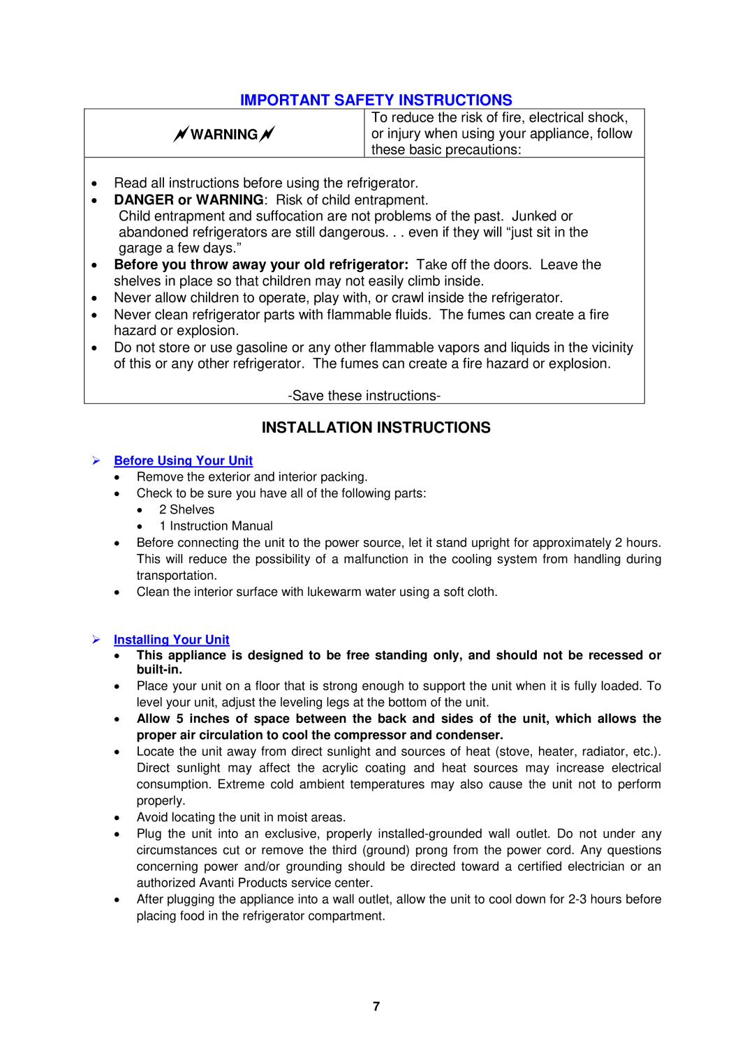 Avanti BCA193BG-1 instruction manual Important Safety Instructions, Installation Instructions 