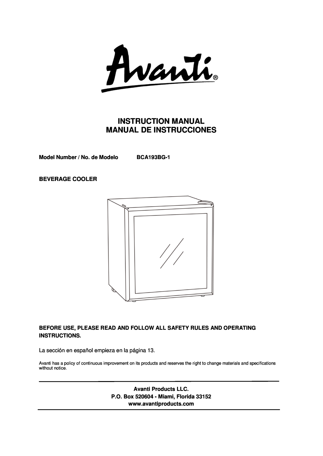 Avanti BCA193BG-1 instruction manual Beverage Cooler, Model Number / No. de Modelo, Avanti Products LLC 