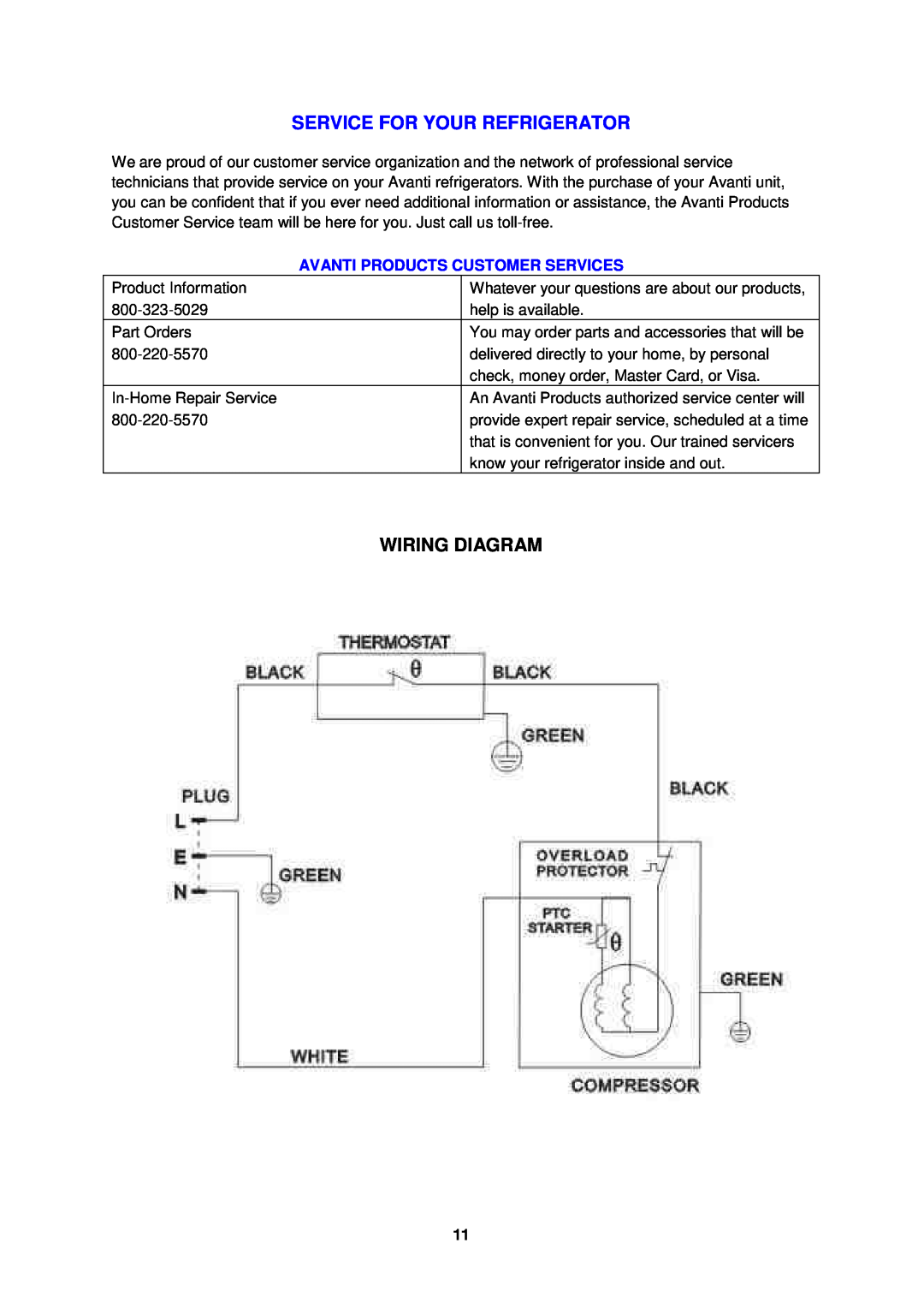 Avanti BCA193BG-1 instruction manual Service For Your Refrigerator, Wiring Diagram, Avanti Products Customer Services 