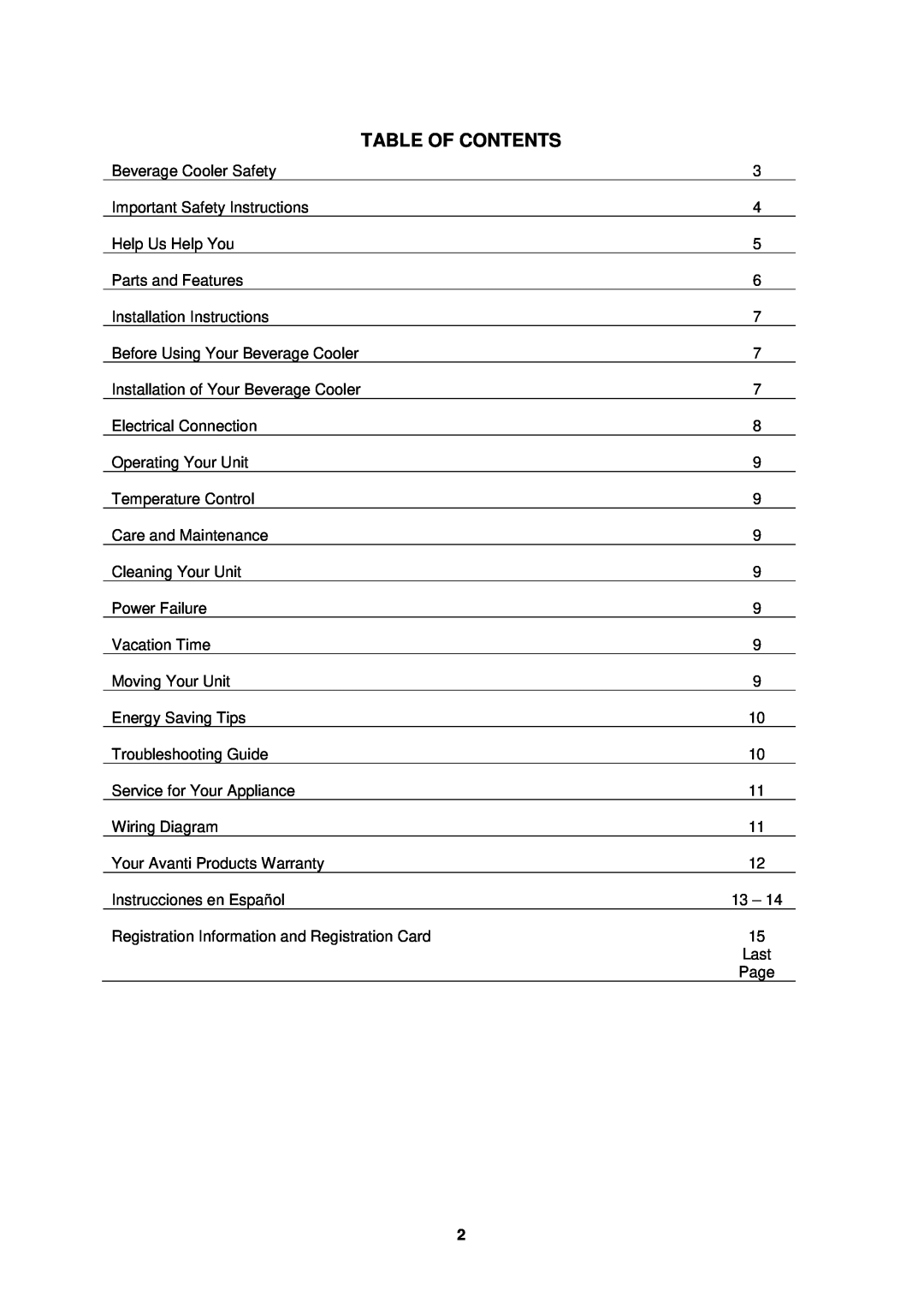 Avanti BCA193BG-1 instruction manual Table Of Contents 