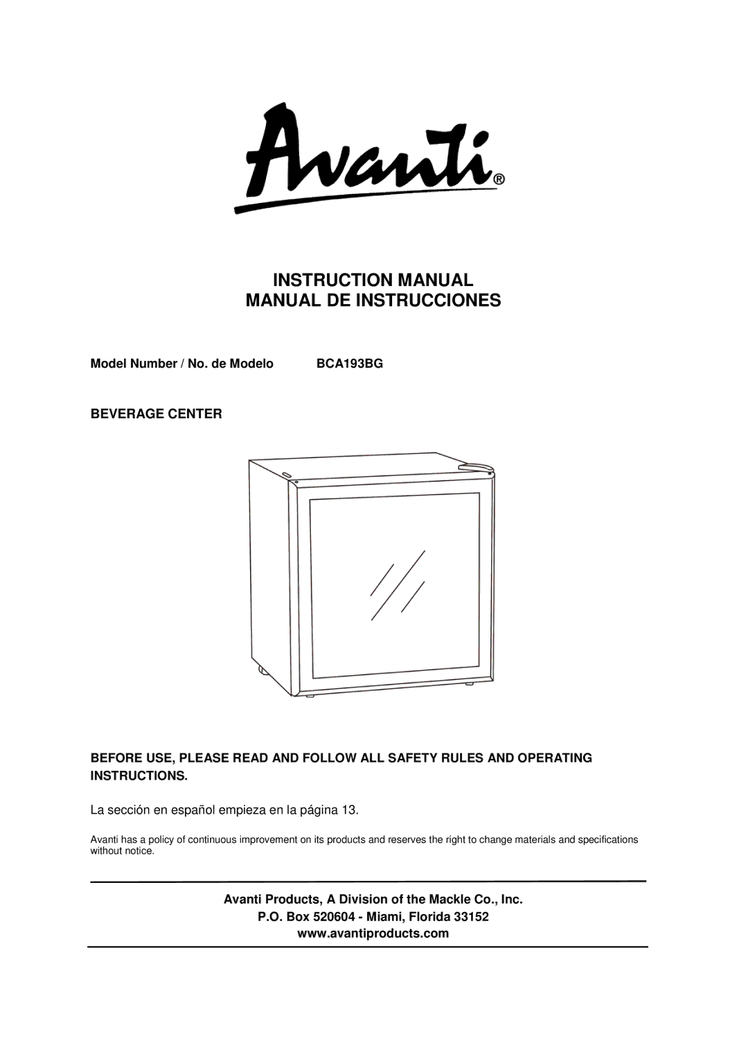 Avanti BCA193BG instruction manual Manual DE Instrucciones, Model Number / No. de Modelo 