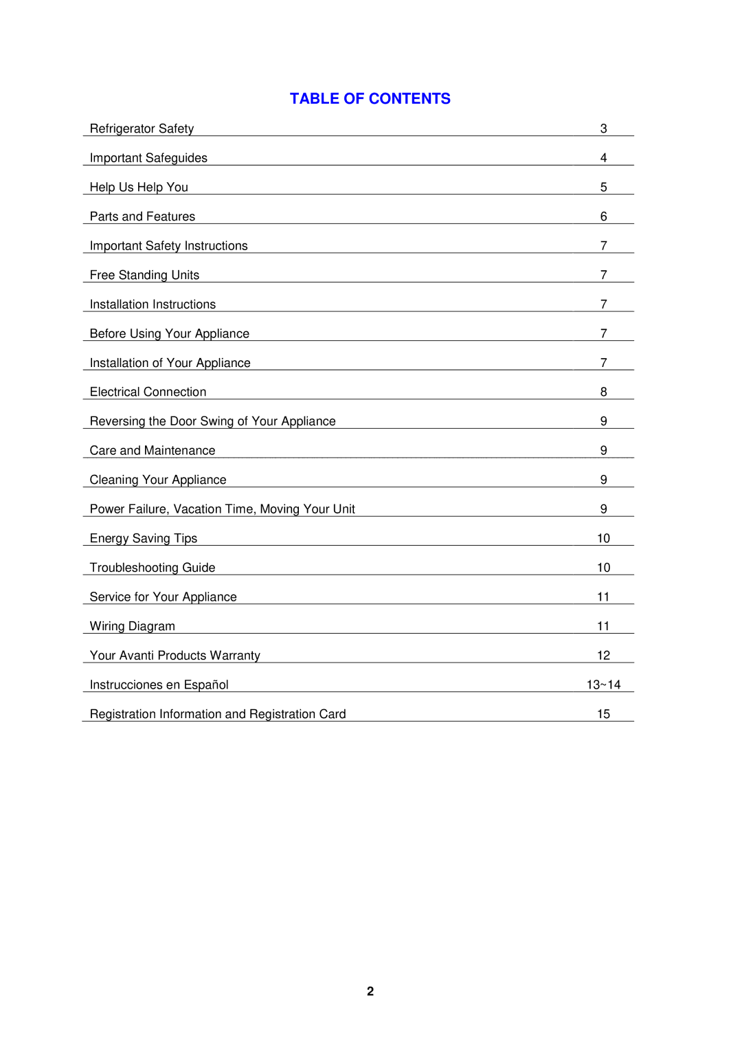 Avanti BCA193BG instruction manual Table of Contents 