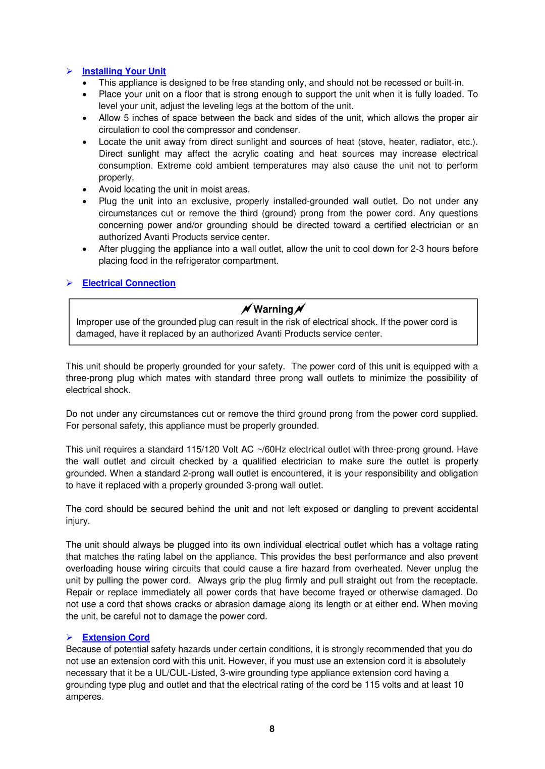 Avanti BCA193BG instruction manual  Installing Your Unit,  Electrical Connection,  Extension Cord 