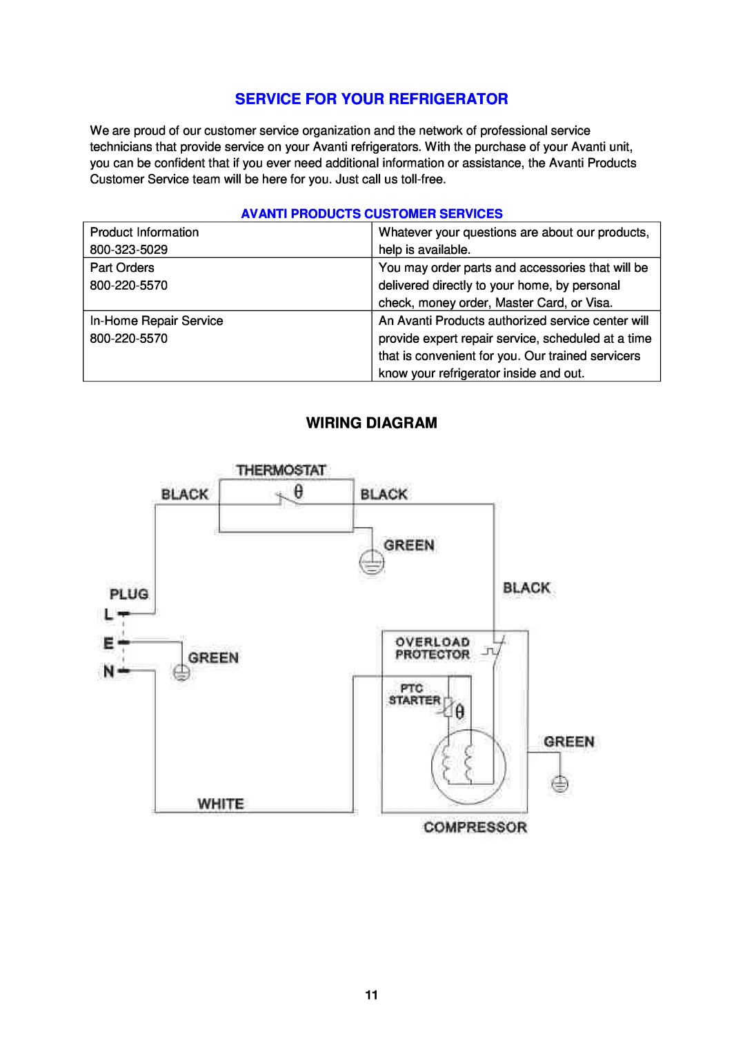 Avanti BCA193BG instruction manual Service For Your Refrigerator, Wiring Diagram, Avanti Products Customer Services 