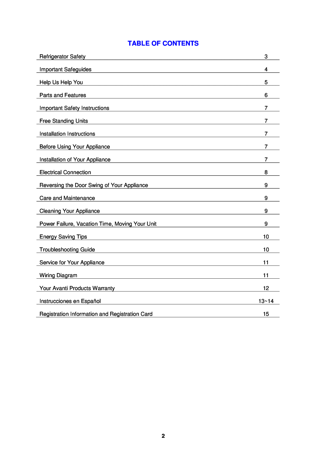 Avanti BCA193BG instruction manual Table Of Contents 