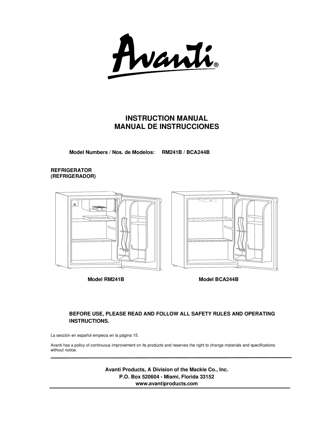 Avanti instruction manual Model Numbers / Nos. de Modelos RM241B / BCA244B, Model RM241B 