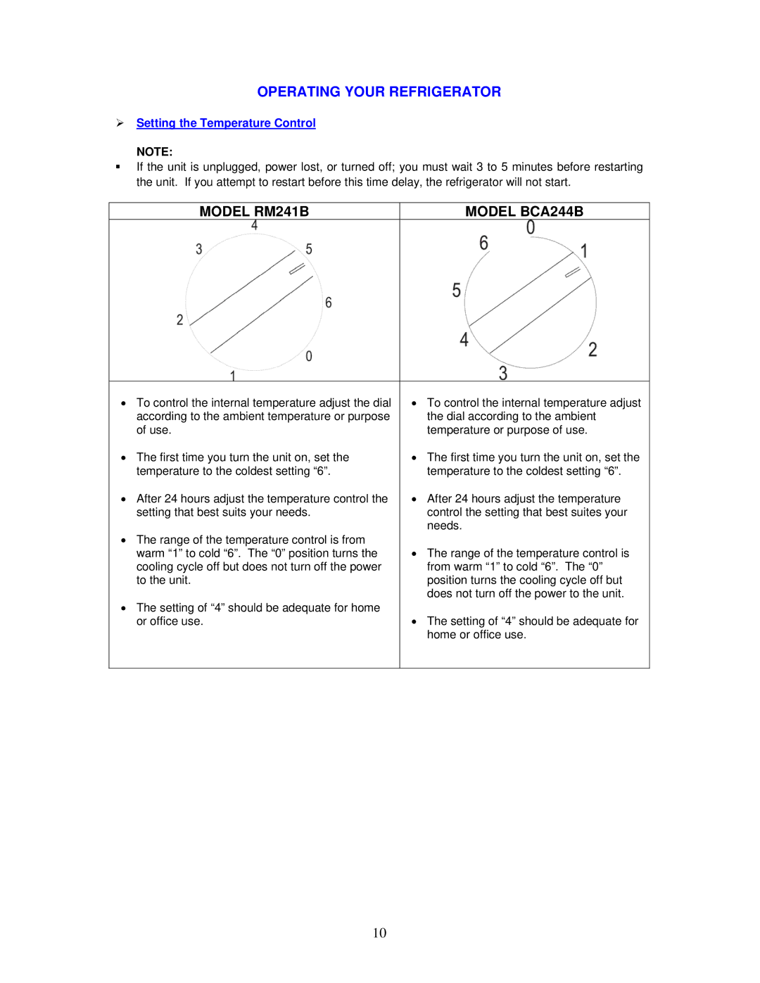 Avanti BCA244B, RM241B instruction manual Operating Your Refrigerator,  Setting the Temperature Control 