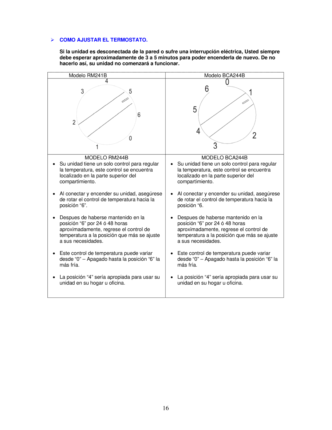 Avanti RM241B instruction manual  Como Ajustar EL Termostato, Modelo RM244B Modelo BCA244B 