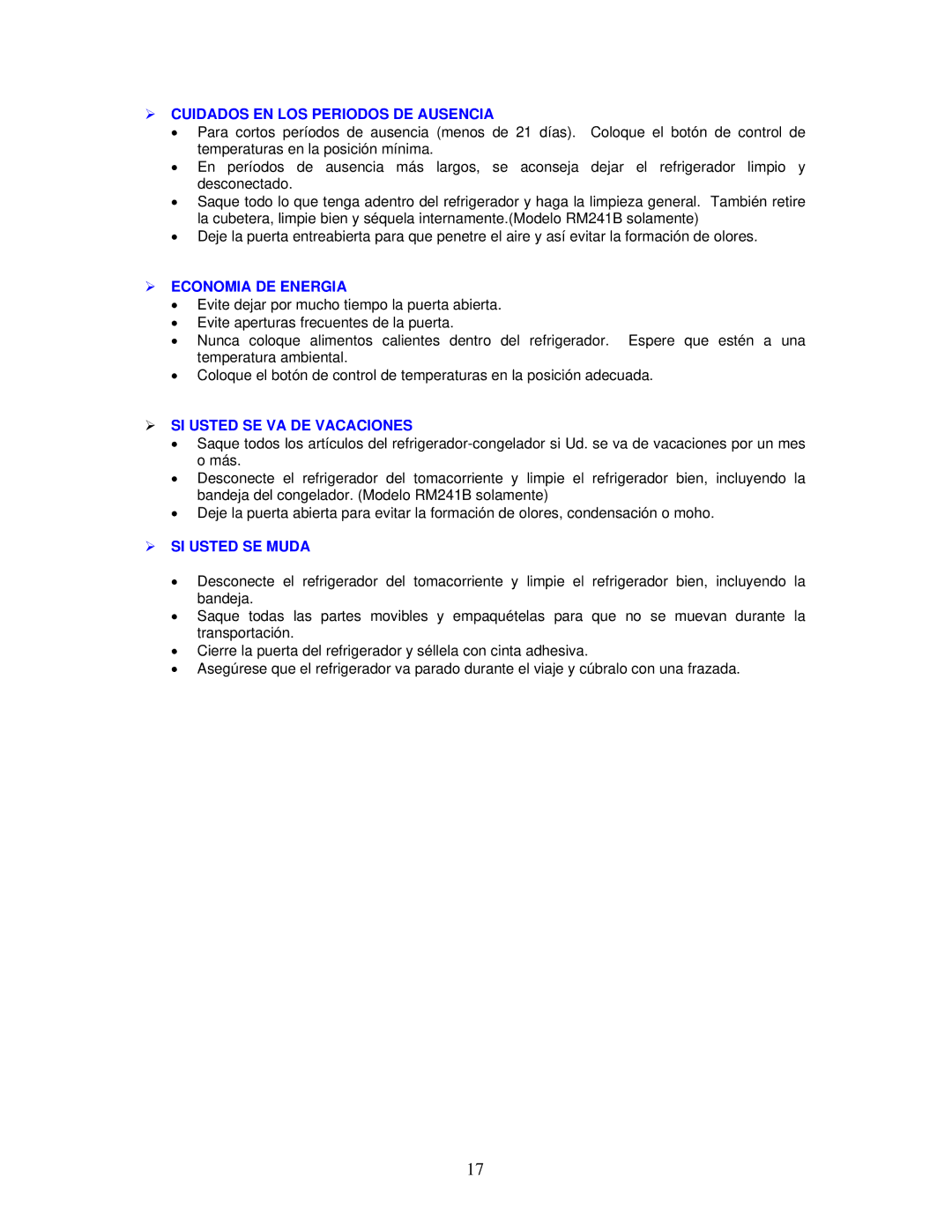 Avanti RM241B, BCA244B  Cuidados EN LOS Periodos DE Ausencia,  Economia DE Energia,  SI Usted SE VA DE Vacaciones 