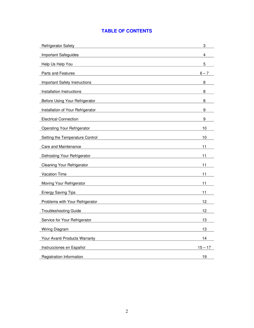 Avanti BCA244B, RM241B instruction manual Table of Contents 