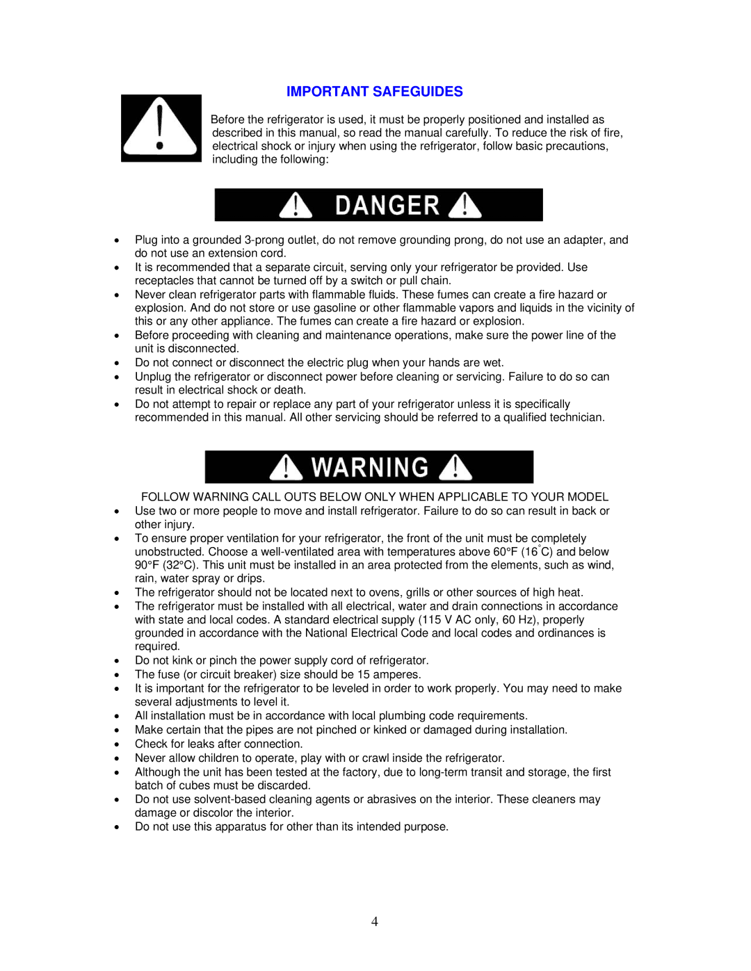 Avanti BCA244B, RM241B instruction manual Important Safeguides 