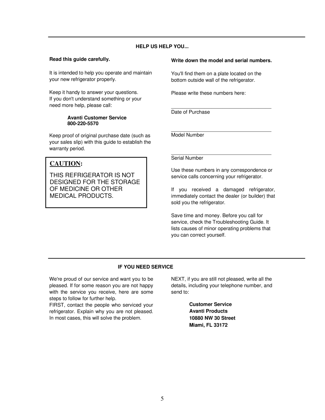 Avanti RM241B, BCA244B Read this guide carefully, Avanti Customer Service, Write down the model and serial numbers 