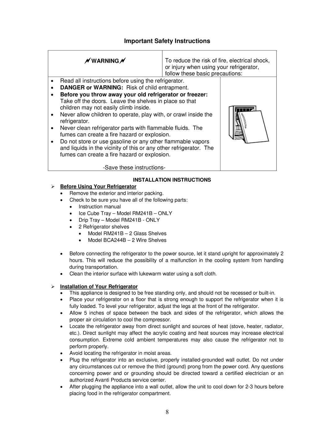 Avanti BCA244B, RM241B instruction manual  Before Using Your Refrigerator,  Installation of Your Refrigerator 