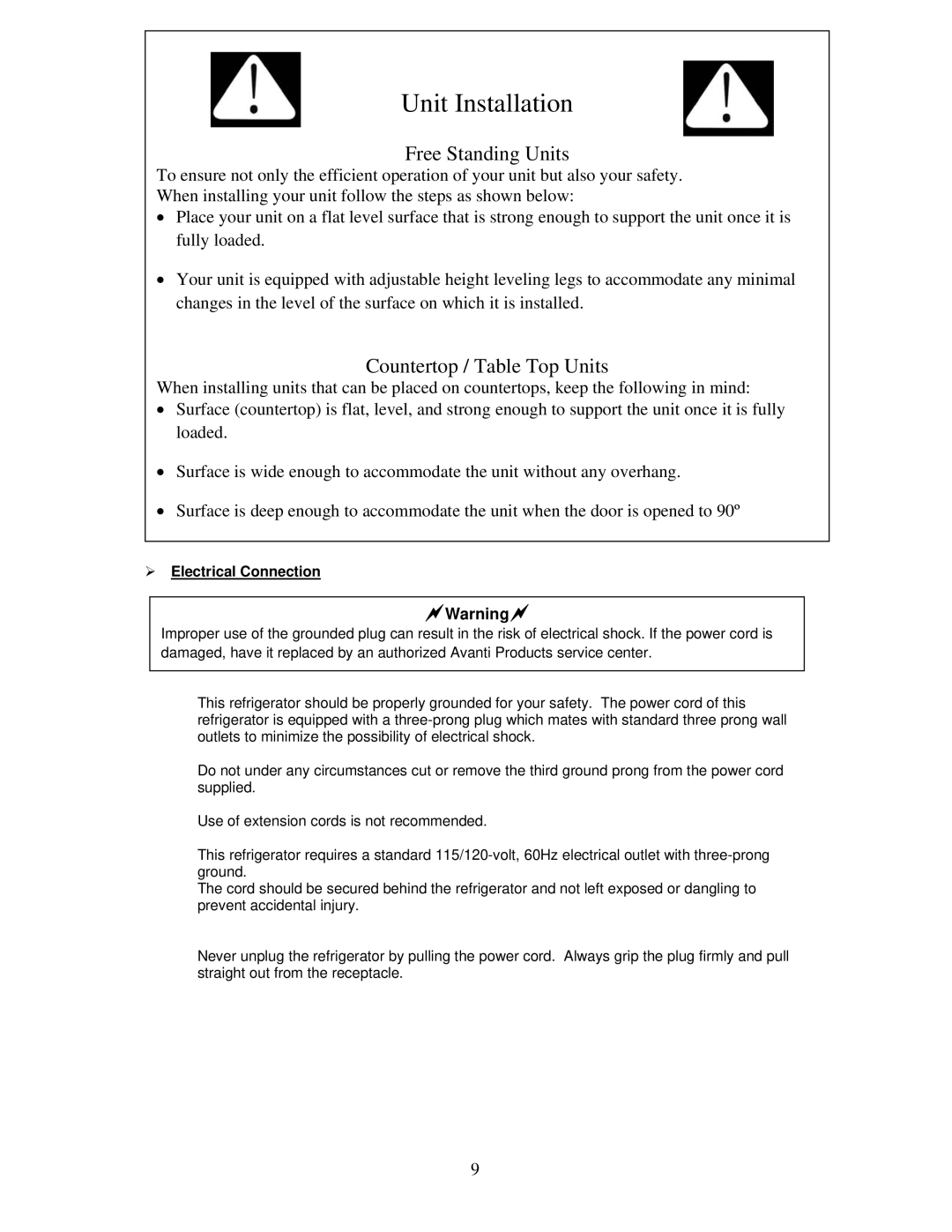 Avanti RM241B, BCA244B instruction manual Unit Installation,  Electrical Connection 