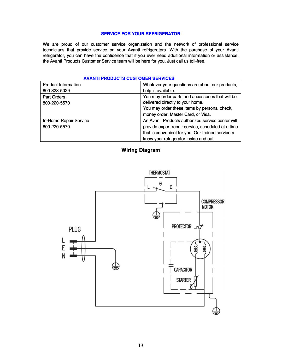 Avanti RM241B, BCA244B instruction manual Wiring Diagram, Service For Your Refrigerator, Avanti Products Customer Services 