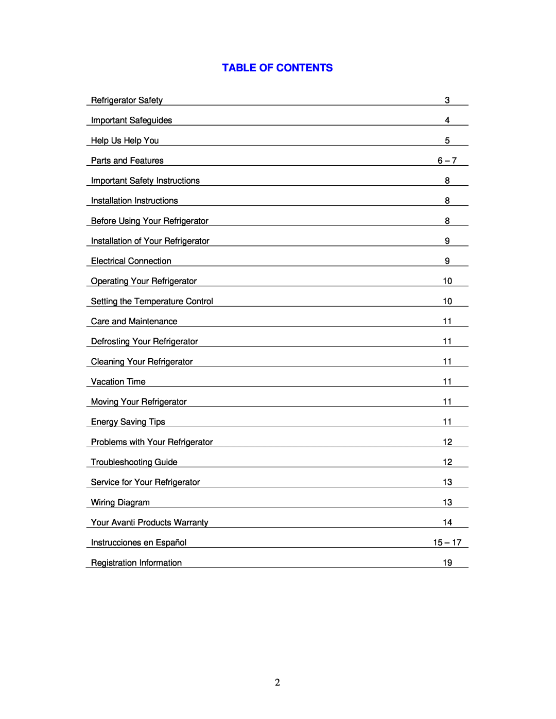 Avanti BCA244B, RM241B instruction manual Table Of Contents 