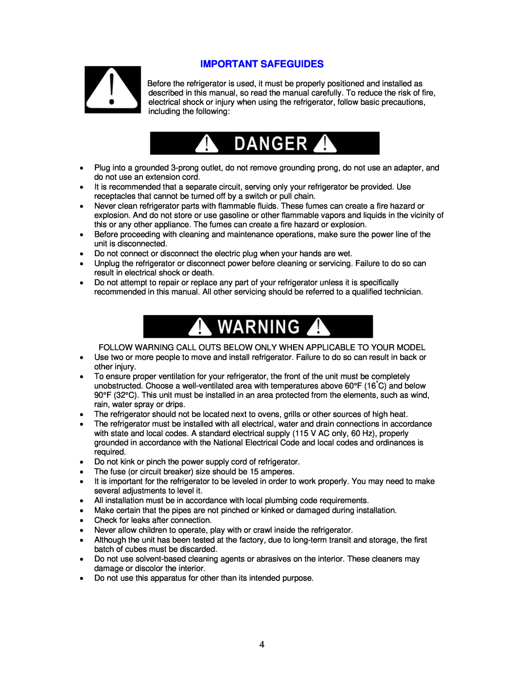 Avanti BCA244B, RM241B instruction manual Important Safeguides 
