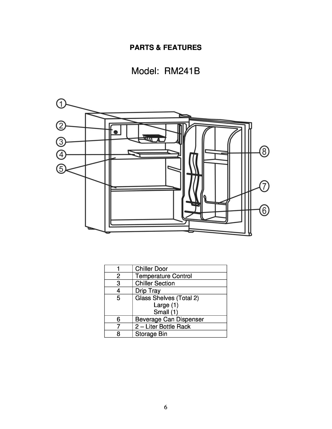 Avanti BCA244B instruction manual Parts & Features, Model RM241B 