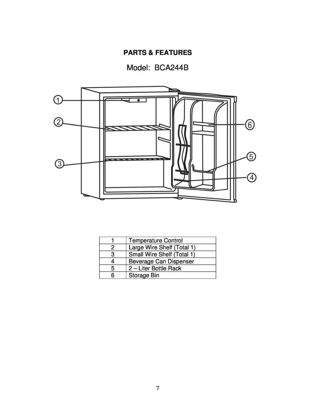Avanti RM241B instruction manual Model: BCA244B, Parts & Features 