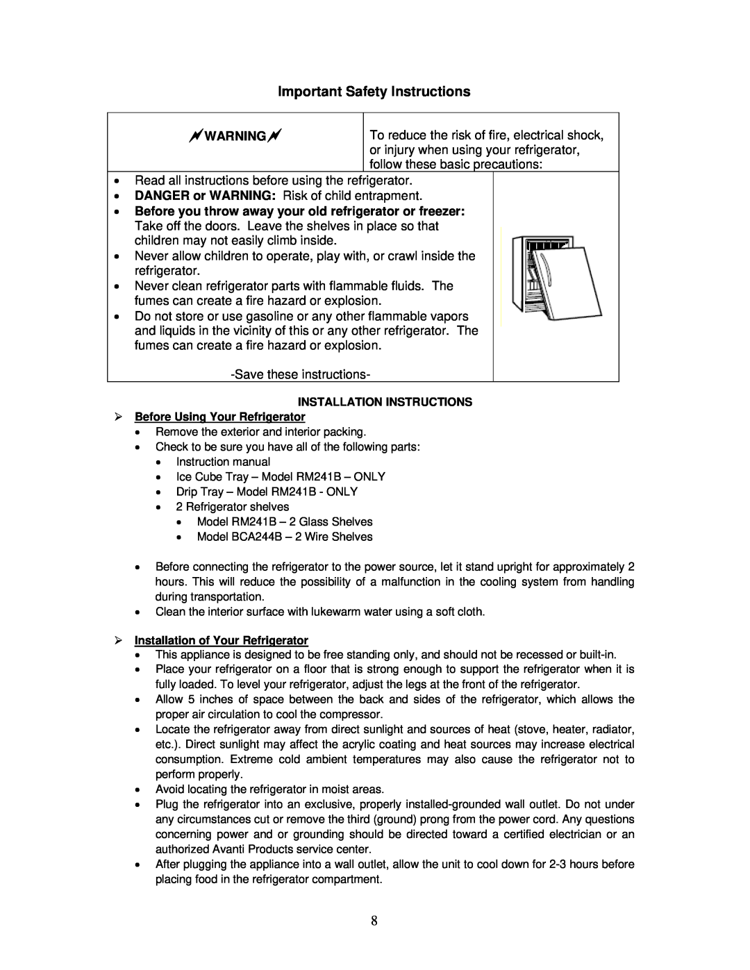 Avanti BCA244B, RM241B instruction manual Important Safety Instructions, Warning 