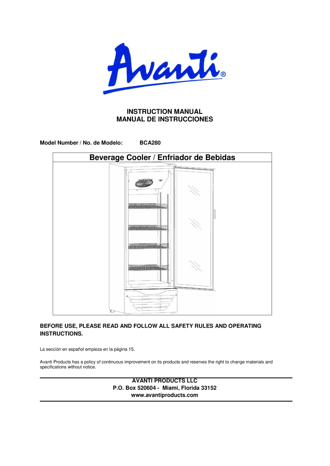 Avanti instruction manual Manual DE Instrucciones, Model Number / No. de Modelo BCA280, Avanti Products LLC 